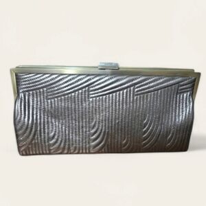HOBO Herringbone Pewter Leather Clutch with gold hardware.